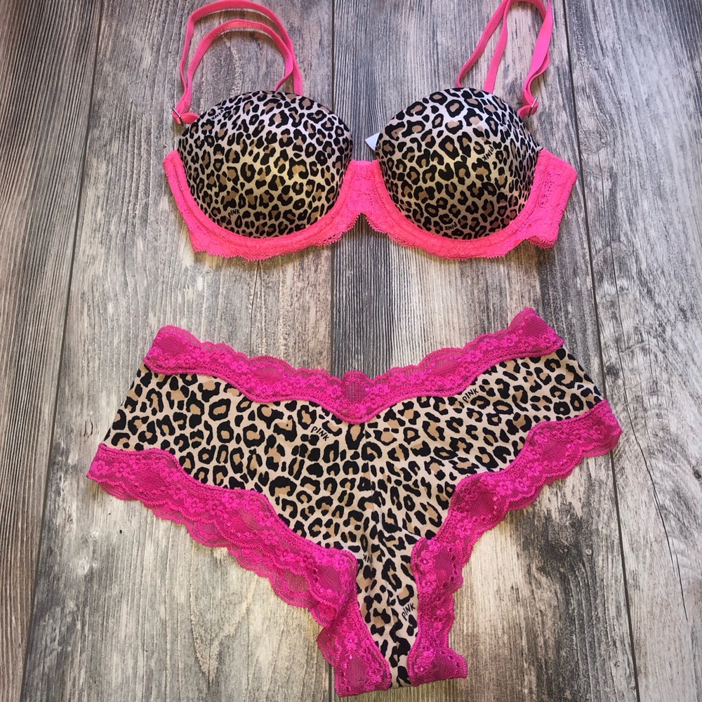 PINK 💕🐆Victoria's Secret multiway Y2K Leopard Bra & cheekster panty set 34A/SM